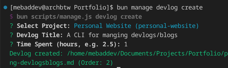 A screenshot of the CLI tool, showing the process of how I made this very devlog.